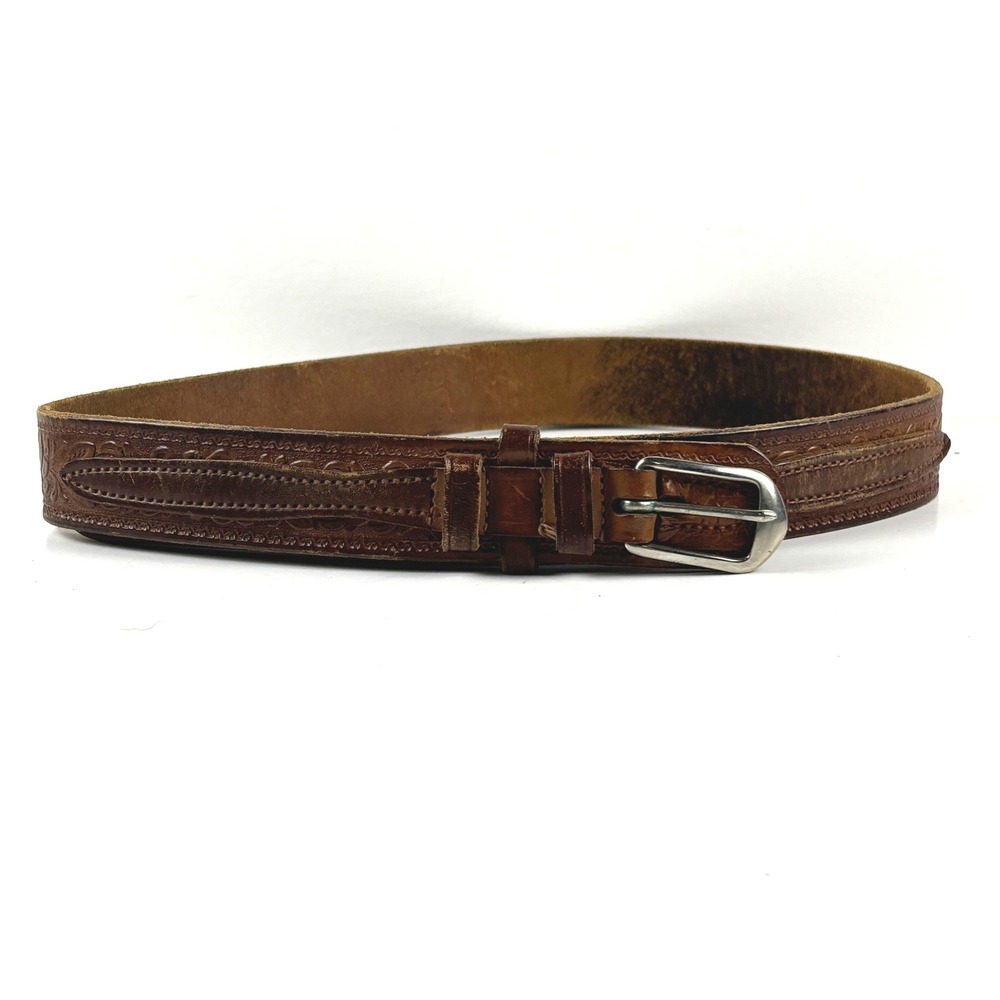 Tooled Leather Belt Unisex 30 Brown Good Floral Western Vintage Boho Rustic